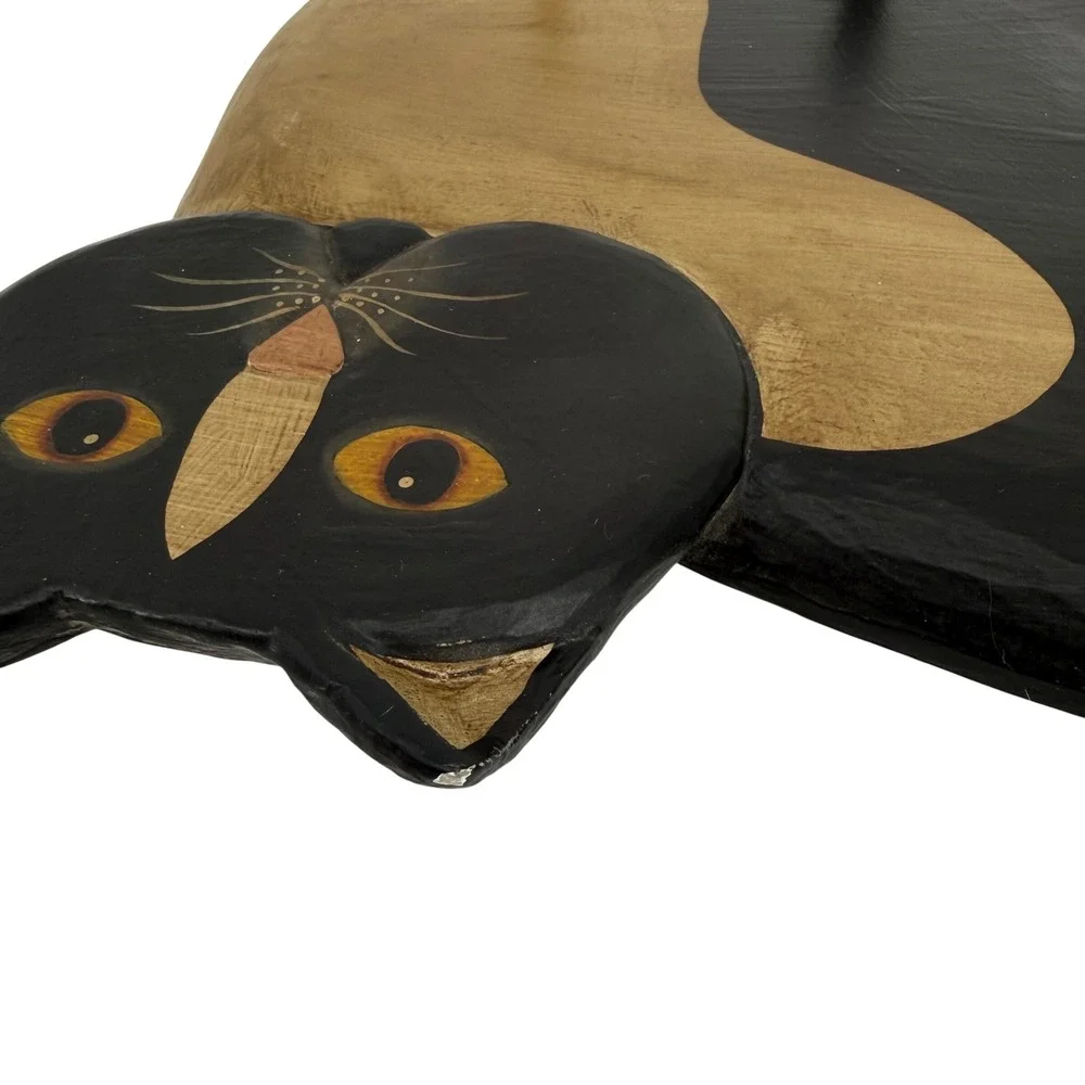 Vintage‎ Hand Carved Painted Wooden Cat Wall Hook Rack Folk Art Black Tan